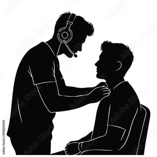 Medical professional headset silhouette examining patient in chair