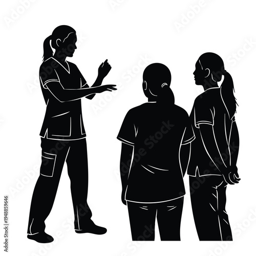 Medical teamwork silhouette illustration: three female healthcare professionals discussing