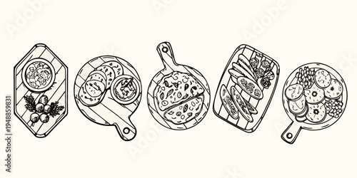 A collection of sketch style food arrangements on wooden serving boards