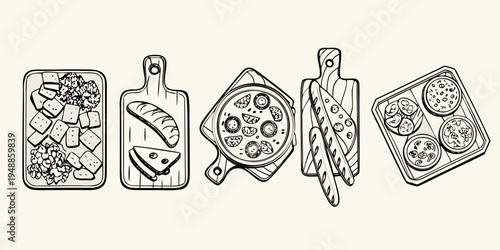 A collection of hand drawn sketch illustrations of various food items