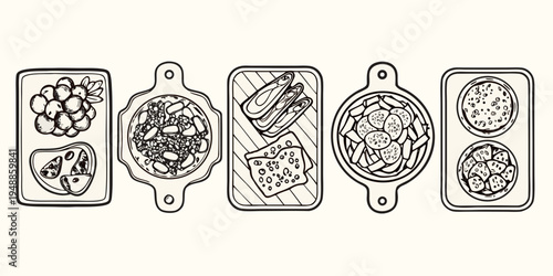 A collection of hand drawn food illustrations on rectangular cutting boards