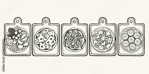 Five sketch style cutting boards displaying various sliced fruits and vegetables