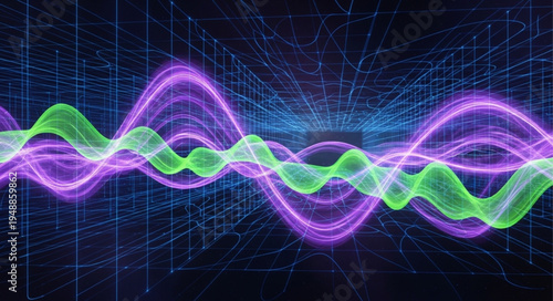 Abstract sound wave visualization with glowing purple and green lines.