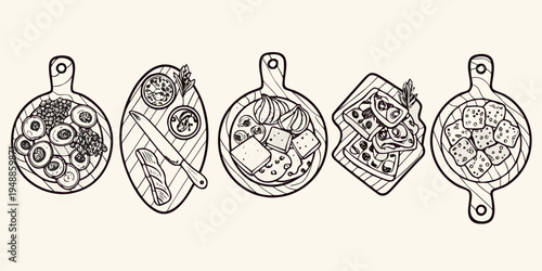 Line art illustration of five wooden boards displaying various food arrangements