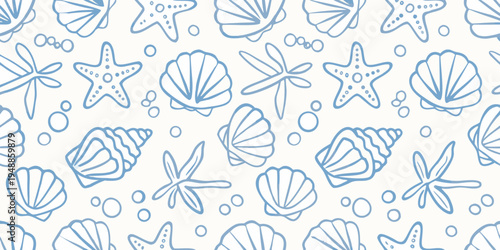 Delicate blue line drawing of seashells starfish and marine life