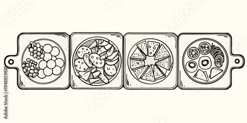 Sketch of four serving trays displaying various sliced fruits and food