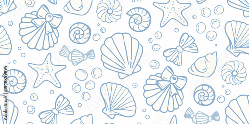 Delicate blue line drawing of various seashells and starfish on white