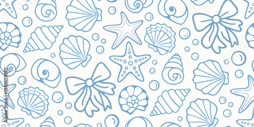 A seamless pattern of blue seashells starfish and marine life doodles