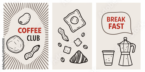 Breakfast and coffee themed illustrations in a vertical striped format