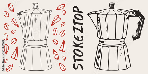 Line art illustration of two moka pots and scattered coffee beans