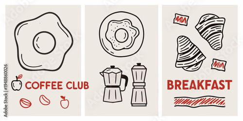 Stylized breakfast illustrations featuring eggs pastries coffee and fruit