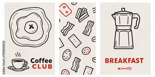 A charming breakfast illustration featuring eggs bacon coffee and a french press