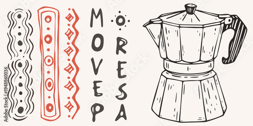 Sketch of a moka pot with decorative borders and hand lettered text
