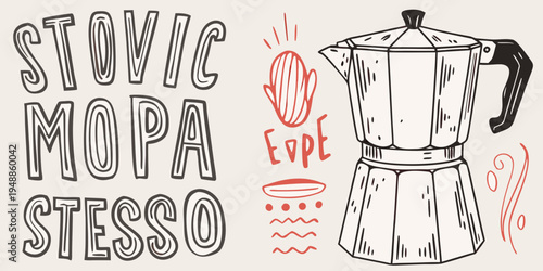 Stylized illustration of a moka pot with handwritten lettering details