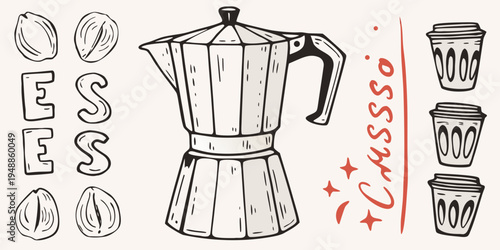 Vintage style illustration of a moka pot and coffee bean sketches