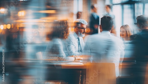 Blurred motion effect over a business meeting in a bright, modern office