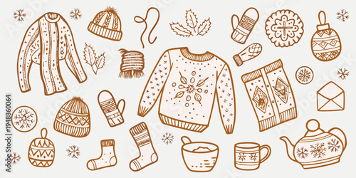 A cozy collection of hand drawn winter clothing and festive accessories