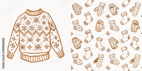 Hand drawn illustration of a winter sweater and cozy accessories pattern