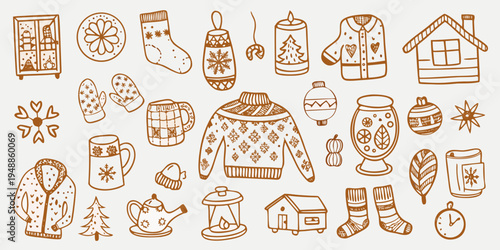 Hand drawn winter collection featuring cozy clothing decor and festive items