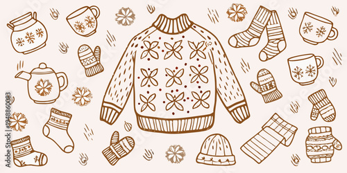A collection of hand drawn winter clothing and accessories in brown tones
