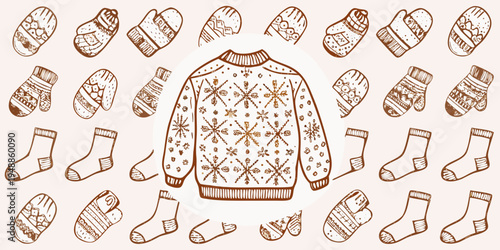 Hand drawn winter clothing collection featuring sweaters mittens and socks