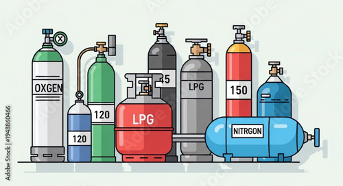 Collection of Industrial Gas Cylinders - Oxygen, LPG, and Nitrogen Tanks.