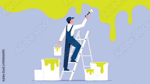 house painter decorating wall vector illustration with ladder paint buckets and home renovation improvement concept