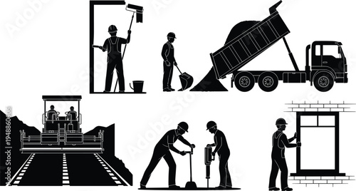 Construction worker silhouettes with road paving machine, dump truck unloading soil, drilling workers, painter with roller and window installer representing infrastructure construction 