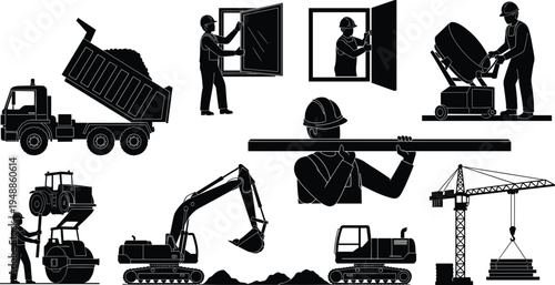 Construction worker silhouettes with dump truck unloading soil, window installer, cement mixer operator, excavator digging and crane lifting materials representing engineering construction 