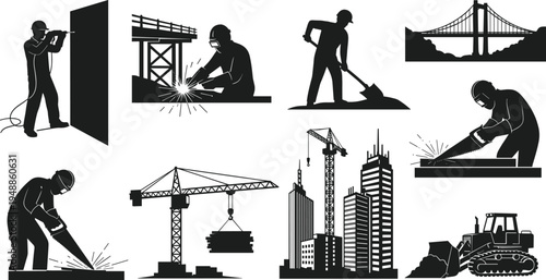 Construction worker silhouettes with welding, crane lifting materials, excavator digging, bridge structure and city buildings representing engineering construction, infrastructure 