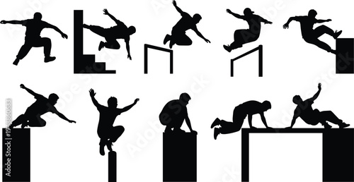 Parkour silhouettes performing jumps, vaults, climbs, and stunts over obstacles, representing urban sport, agility, fitness, and extreme movement lifestyle concepts