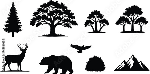 Photography Nature silhouettes collection featuring trees deer bear flying eagle bush and mo