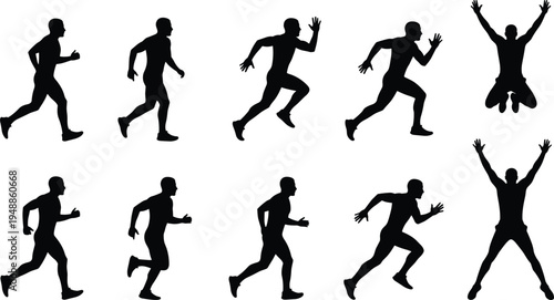Sequence of ten black silhouettes showing athlete running and jumping in dynamic stages — sports illustration symbolizing motion, fitness, energy, speed, and athletic training 