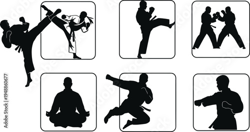 Set of martial arts silhouettes with karate fighters performing kicks, punches, sparring combat and meditation pose icons for sports training design