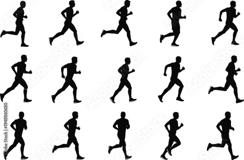 Running man silhouettes set showing different jogging poses isolated on white background athletic runner collection for fitness sport training design vector illustration