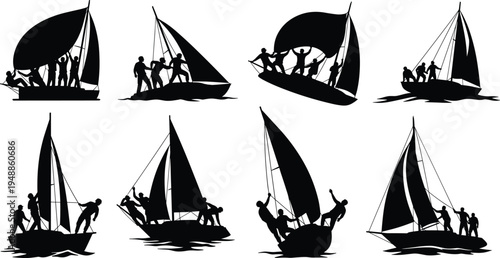 "Collection of eight sailboat silhouettes with people onboard adjusting sails, steering, and balancing, representing teamwork, adventure, water sports, navigation, and marine lifestyle"
