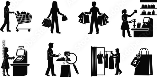 Shopping people silhouettes collection showing customers buying clothes paying at cashier carrying bags and using shopping cart isolated on white retail vector illustration set