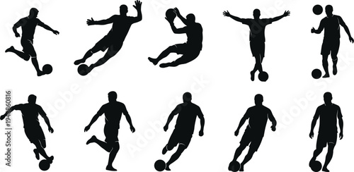 Soccer player silhouettes collection showing football athletes dribbling kicking jumping and goalkeeping actions isolated on white background sport vector illustration set