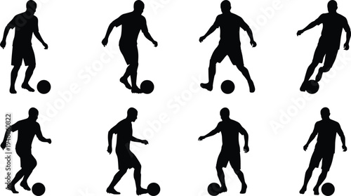 Soccer player silhouettes in dynamic dribbling and ball control poses, showcasing athletic movement, sports training techniques, and recreational football activity concepts for design and analysis