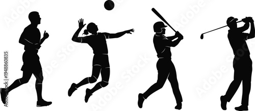 Sports player silhouettes showing running volleyball serve baseball batting and golf swing isolated on white background athletic competition concept