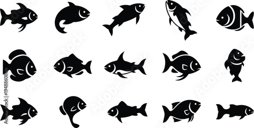 Stylized fish silhouettes collection featuring diverse species with unique fin, tail, and body designs, perfect for aquatic illustration, marine education, and decorative design projects.