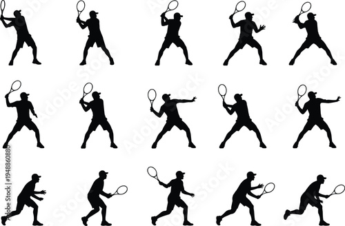 Tennis player action silhouettes collection showing forehand, backhand, serve and running poses with racket isolated on white background for sport training and competition concept