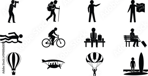 Travel and adventure silhouette icon set with photographer, hiker, swimmer, cyclist, tourist with map, hot air balloon, parachute and hang glider vector collection