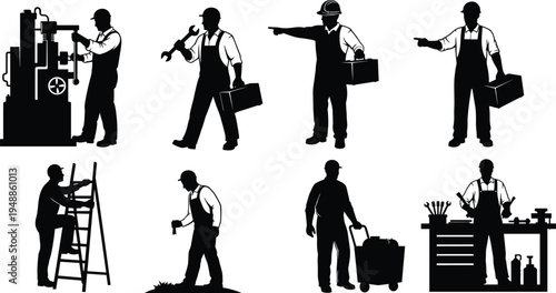 "Collection of eight worker silhouettes showing industrial, maintenance, and repair tasks including mechanics, supervisors, construction, logistics, and assembly, representing 