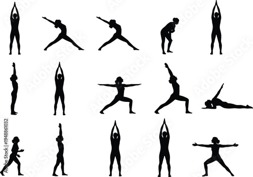 Yoga and fitness exercise silhouettes showing women performing stretching, warrior pose, balance and warm up movements isolated on white background for wellness and healthy lifestyle concept
