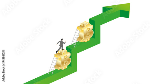 Isometric 3D Businessman Running Up Green Growth Arrow Graph Using Bitcoin Symbols and Ladders for Cryptocurrency Investment Success, Digital Asset Trading and Wealth Achievement