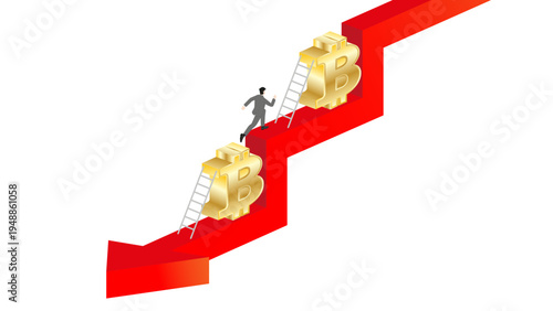 Isometric 3D Businessman Running Up Against Falling Red Arrow Graph Using Bitcoin Symbols and Ladders for Cryptocurrency Crisis Recovery, Digital Asset Investment Strategy and Loss Prevention