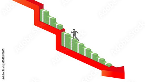 Isometric 3D Businessman Running Up Money Stairs Against Red Falling Arrow Graph, Financial Crisis Management, Bear Market Investment Strategy, Loss Prevention and Economic Recovery