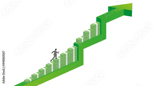 Isometric 3D Businessman Running Up Green Growth Arrow Graph Using Banknote Stacks as Stairs for Financial Success, Wealth Building, Investment Strategy and Business Success