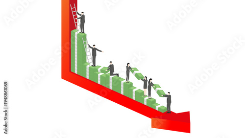 Isometric 3D Business Teamwork Using Ladders and Stacking Banknotes to Climb Up Against Falling Red Arrow Graph for Financial Crisis Recovery, Risk Management and Wealth Protection